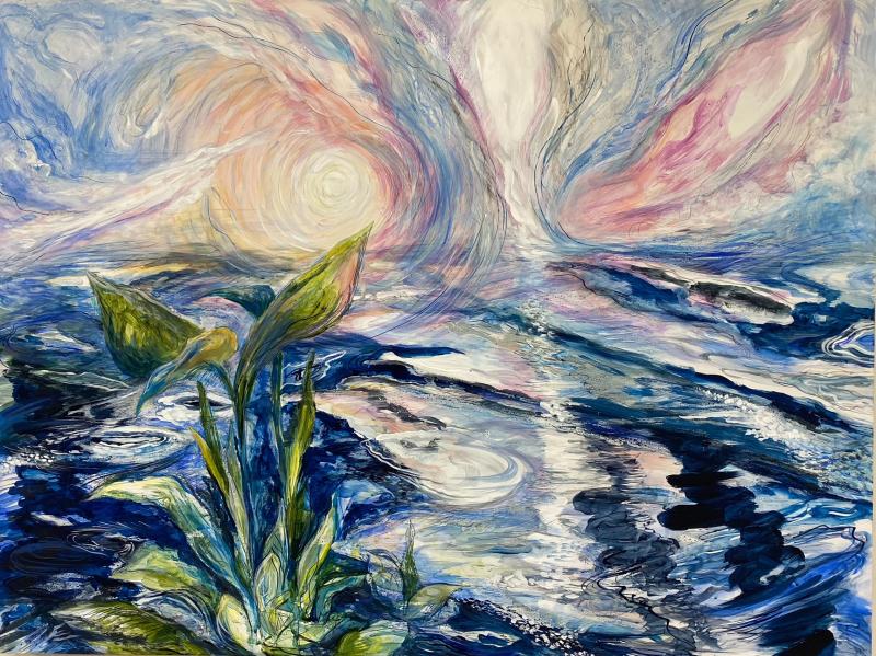 “Ebb and Low of Life,” 40-by-30 mixed media on panel by Marcia Reed.